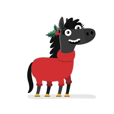 cartoon of a black pony with gold hooves wearing a red jumper