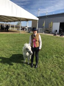 woman stood next to a grey shetland pony at a show