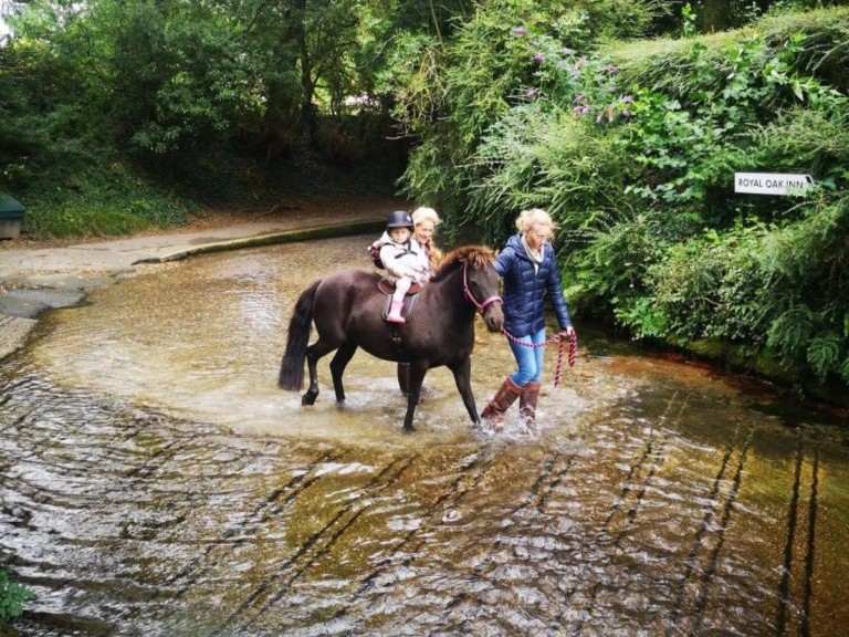 Young girl riding a brown pony with one woman holding her and the other leading the pony