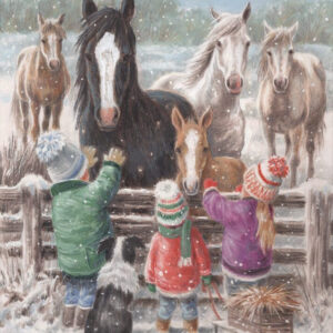 christmas card design of children stroking ponies stood by the fence in a snowy setting