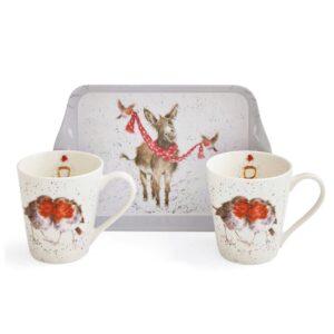 donkey tray with two mugs featuring two robins