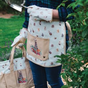wrendale gardening apron with a rabbit pattern