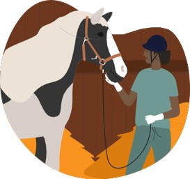 illustration of a woman leading a piebald horse