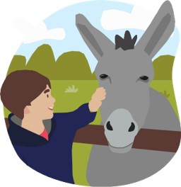 graphic of a woman stroking a grey donkey