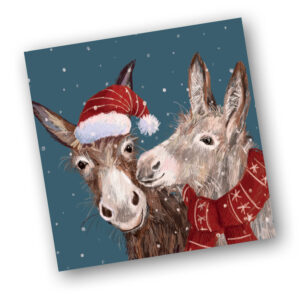 christmas card design of two donkeys, one wearing a santa hat and the other wearing a scarf