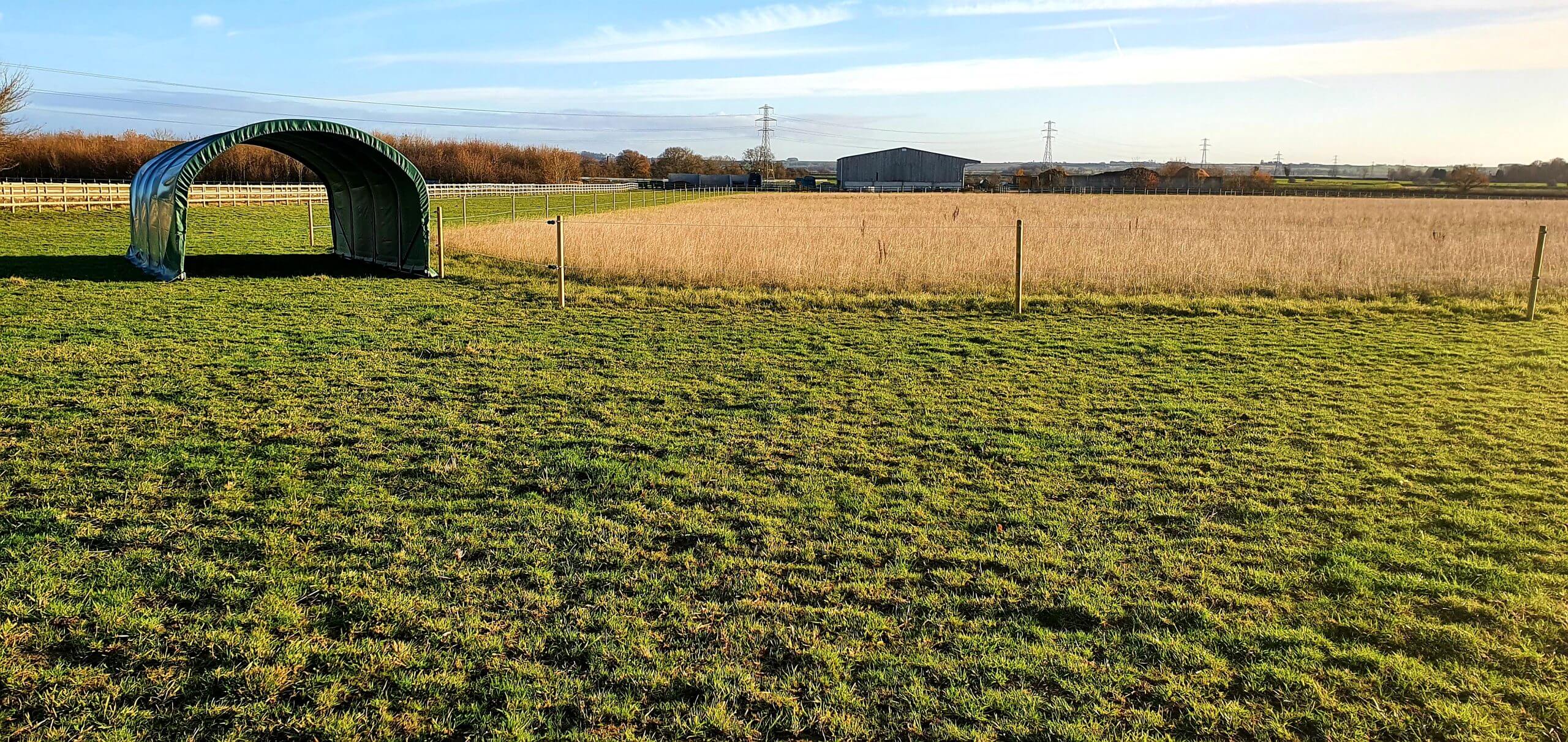 Track system in a field at Bransby Horses, with a field shelter