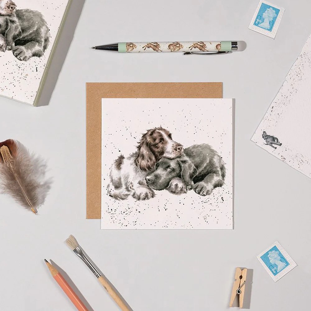 wrendale notecards designed with two dogs asleep and cuddling