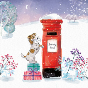 festive scene of a small dog posting a letter in a bransby horses branded post box