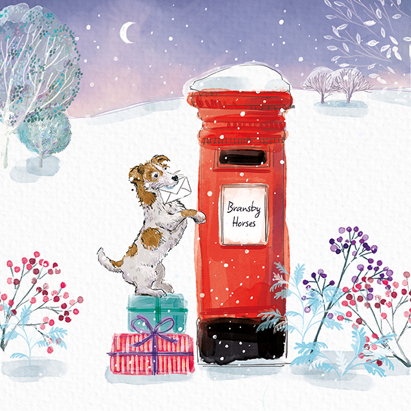 festive scene of a small dog posting a letter in a bransby horses branded post box