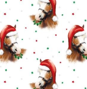 horse wearing a santa hat patterned wrapping paper