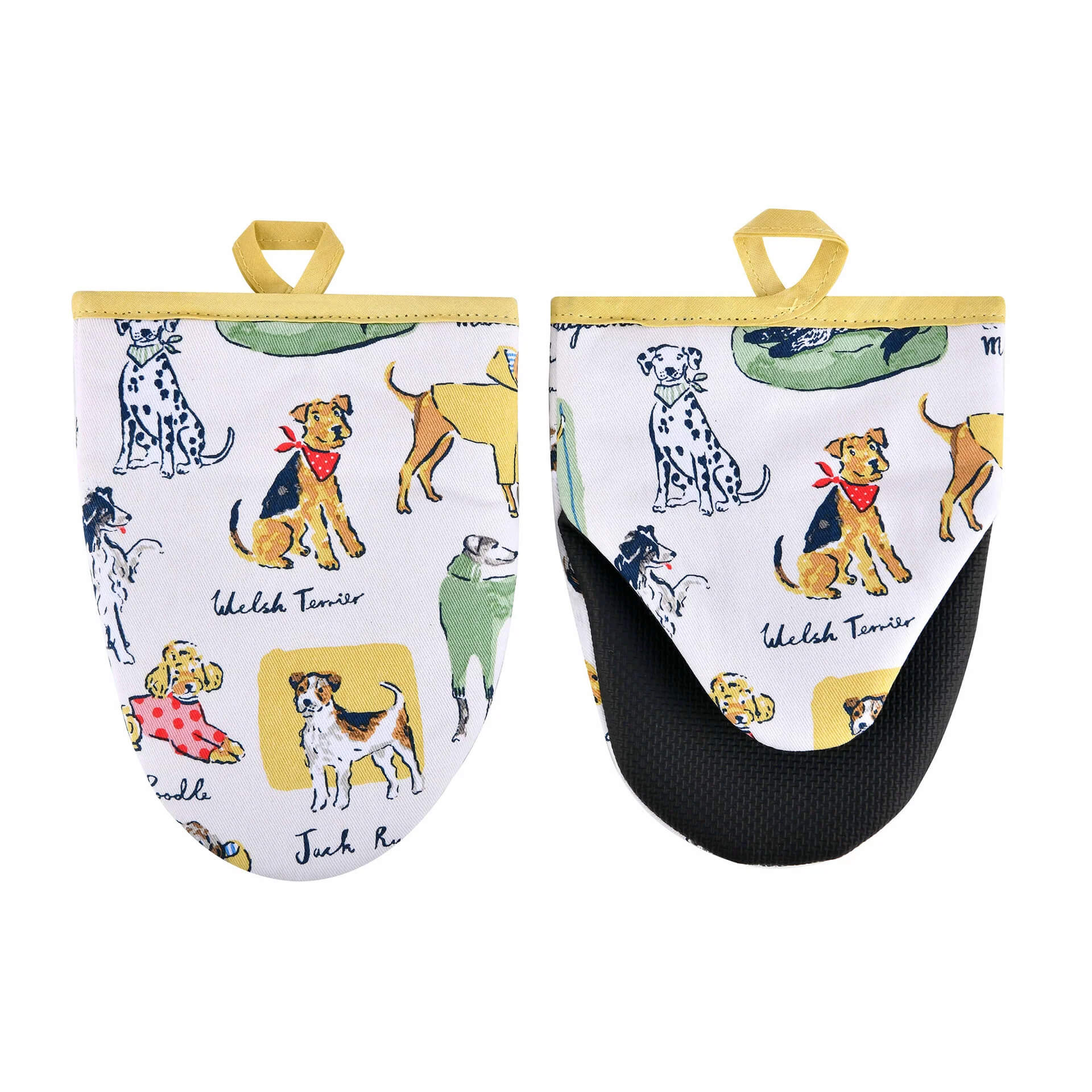 microwave mitts with various breeds of dog on them