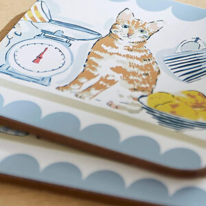 set of coasters with pantry cat design