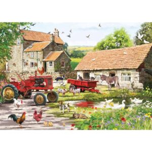 Puzzle artwork of a farm courtyard with various different farmyard animals