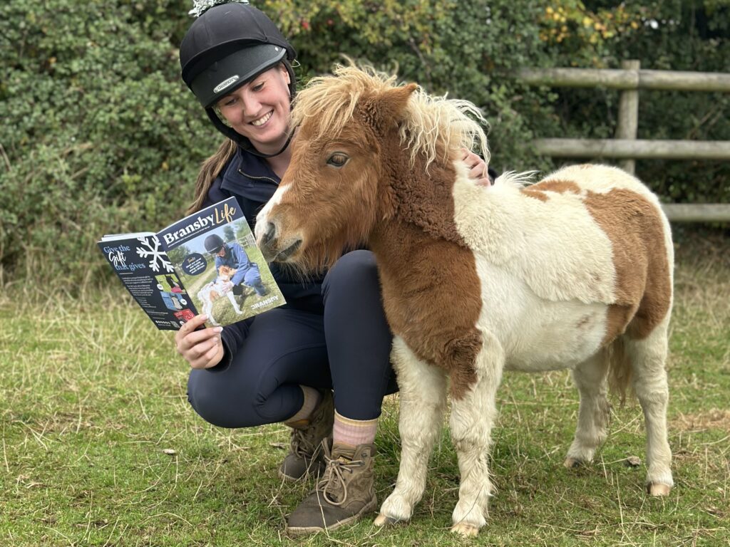Member of staff crouched down next to a Shetland foal reading the latest issue of Bransby Life