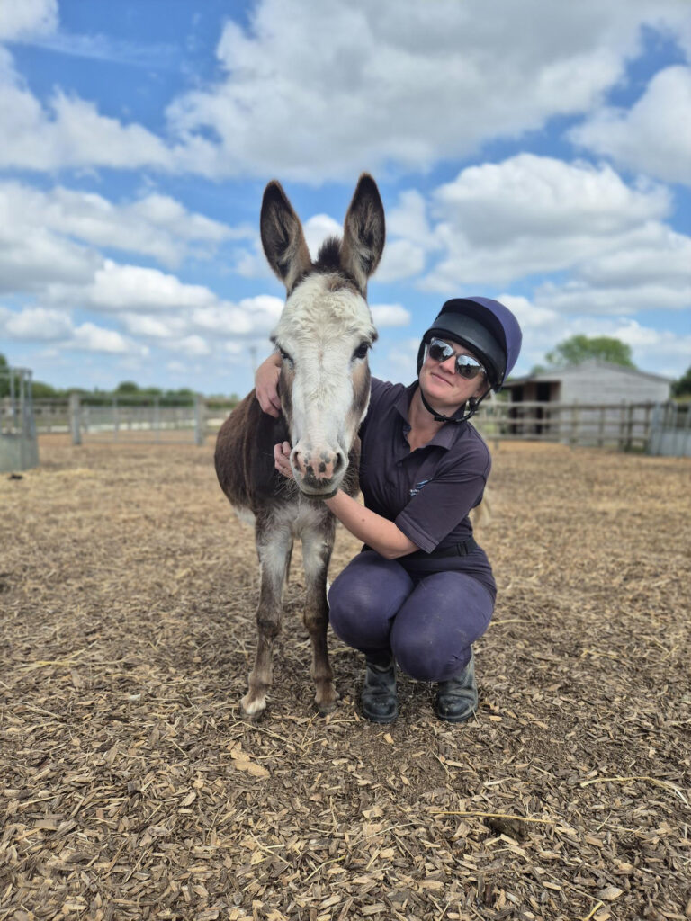Member of staff stood next to a brown and white donkey with her arms around her neck