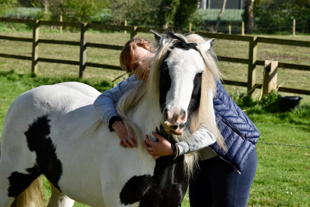 a woman stood with her arms around the neck of a black and white cob
