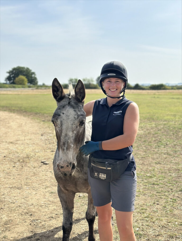 member of staff stood with her arm around a grey dappled mule
